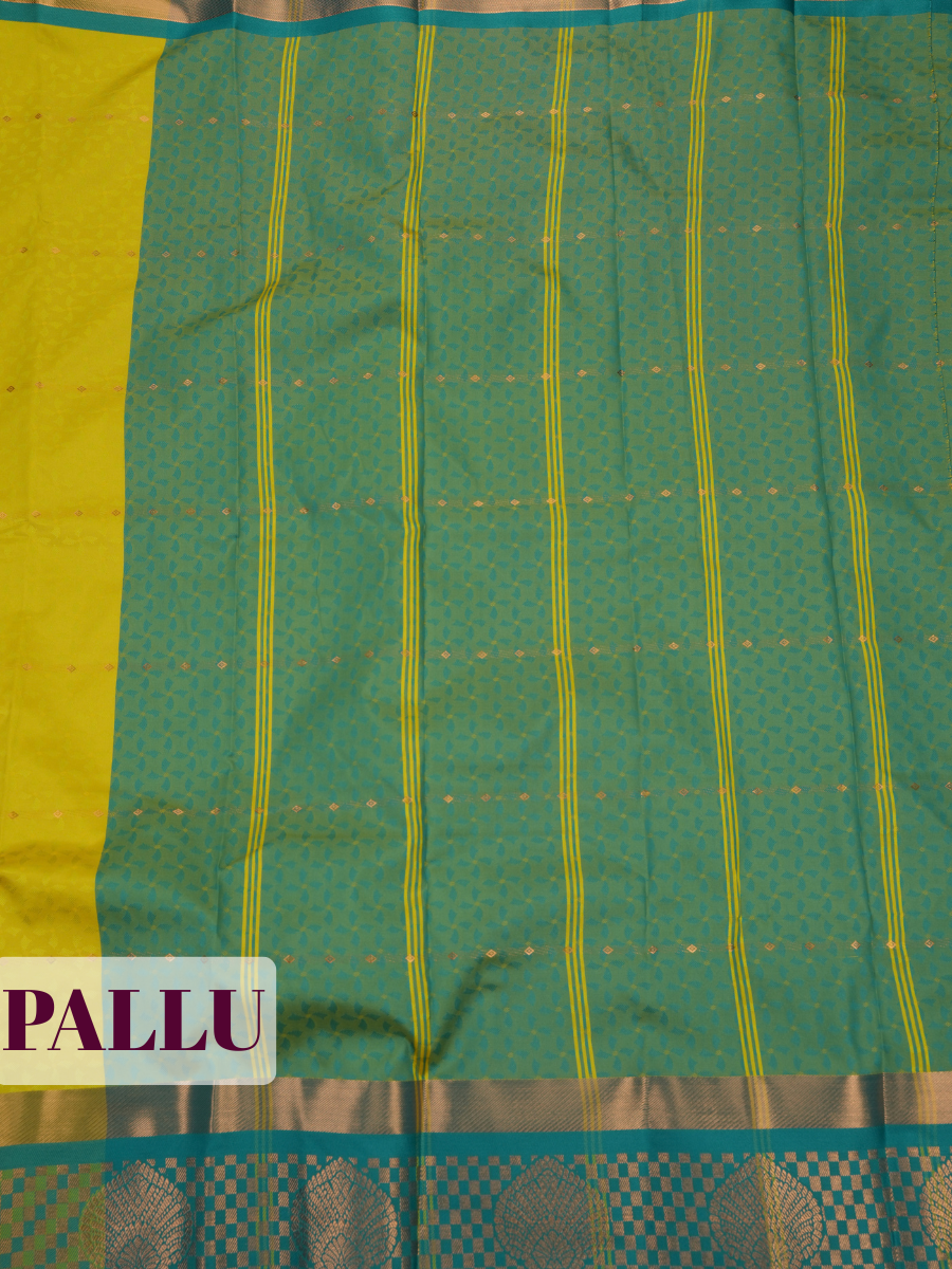 Golden Yellow Bangalore Silk Saree with Teal Green Checked Pallu and Peacock Motif Border