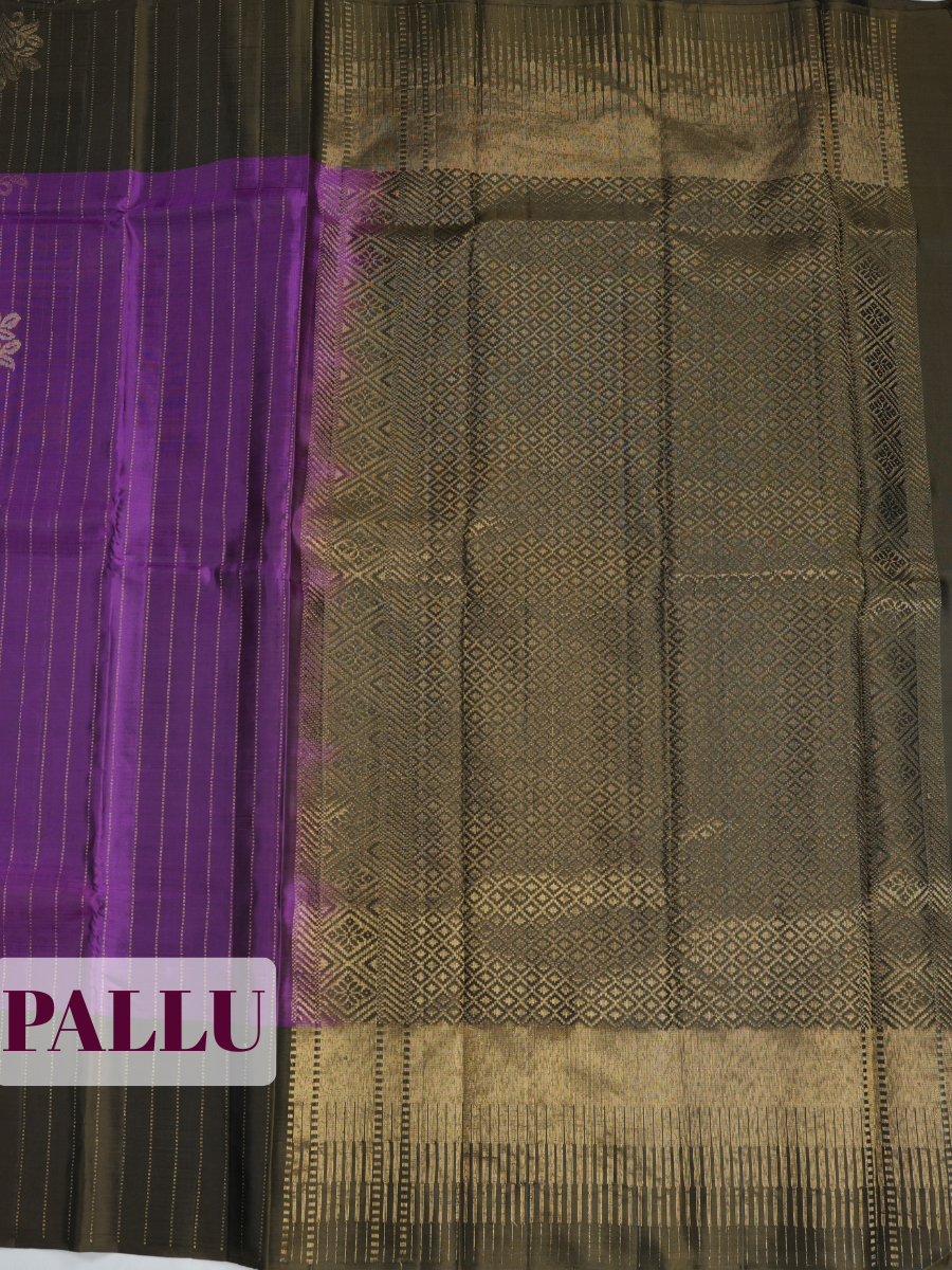 Purple Pure Kanchipuram Saree with Single Flower Motif Striped Border