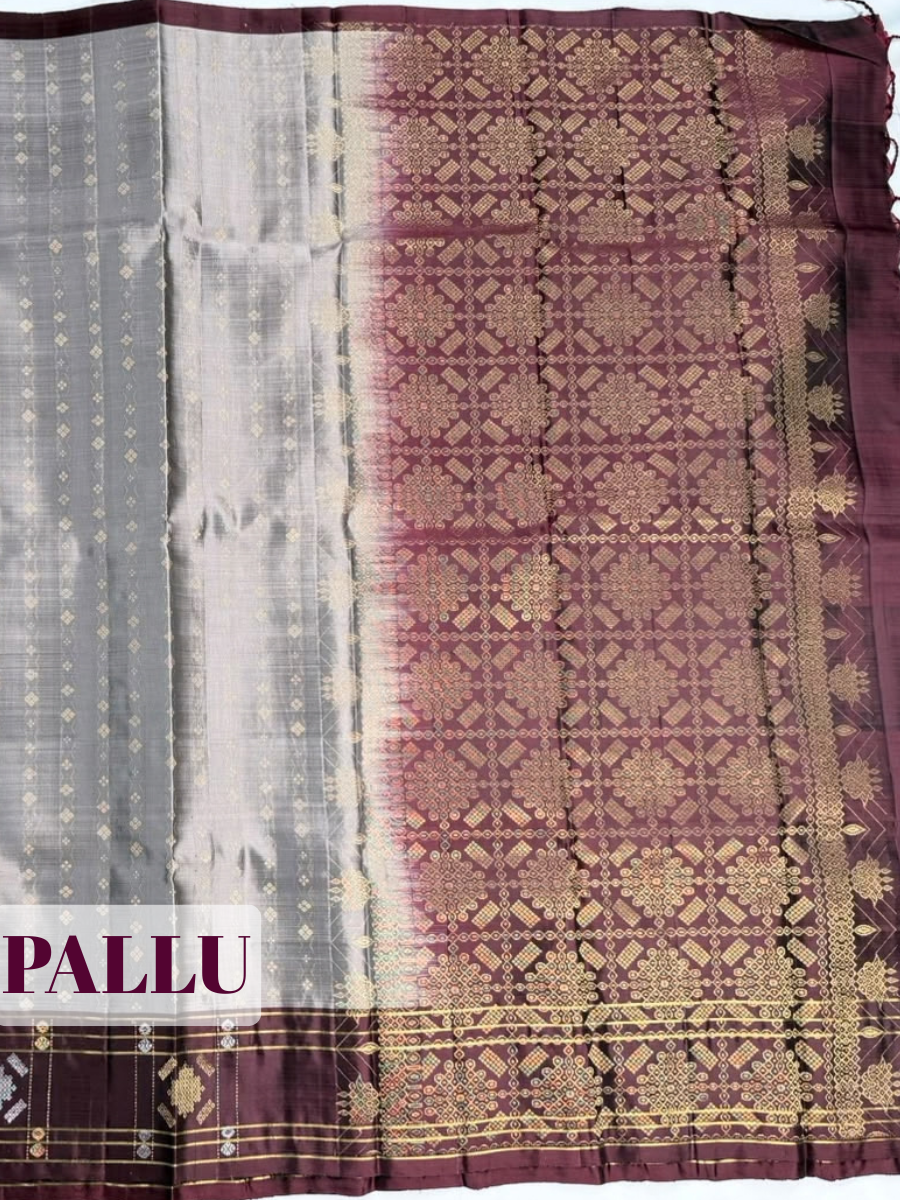 Grey Cotton Saree with Wine Contrast Geometric Zari Border
