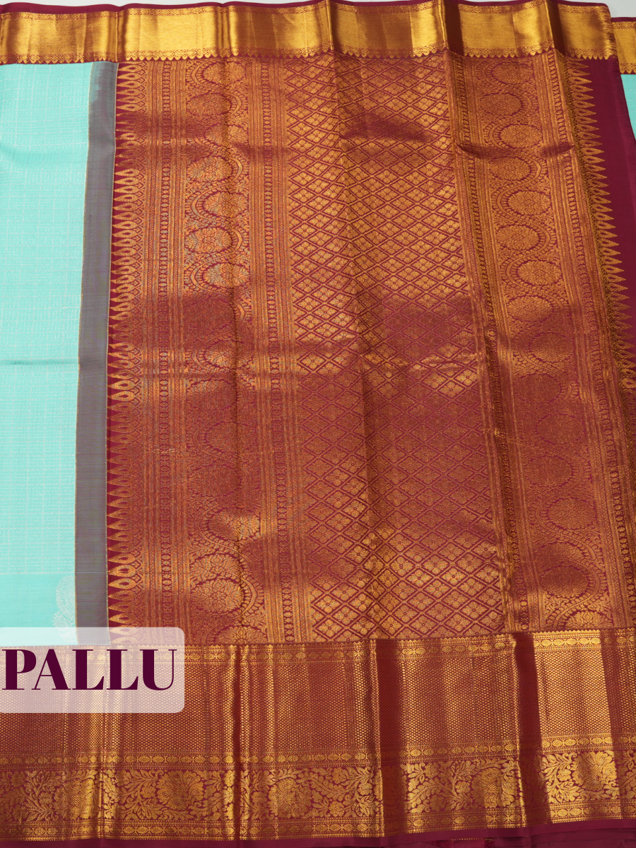 Sky Blue Pure Kanjivaram Bridal Saree with Korvai Zari Diamond Lattice Border