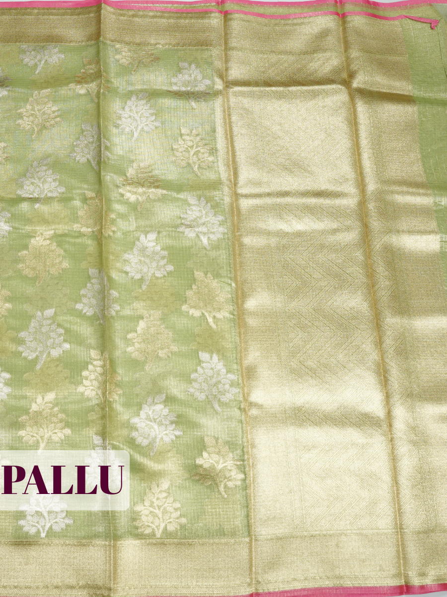 Pista Green Kota Zari Saree with Chevron Zari Border