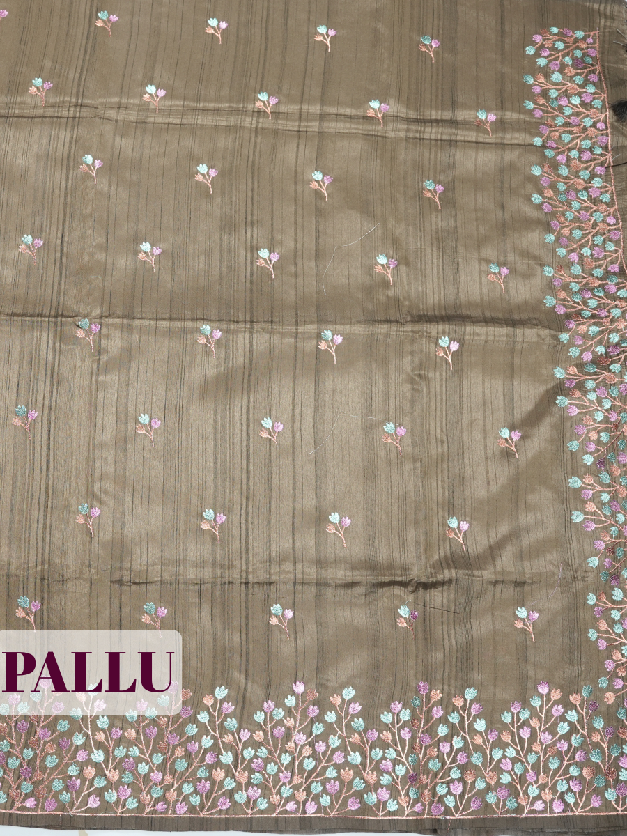 Dark Brown Semi Tussar Saree with Floral bud with dense embroidery