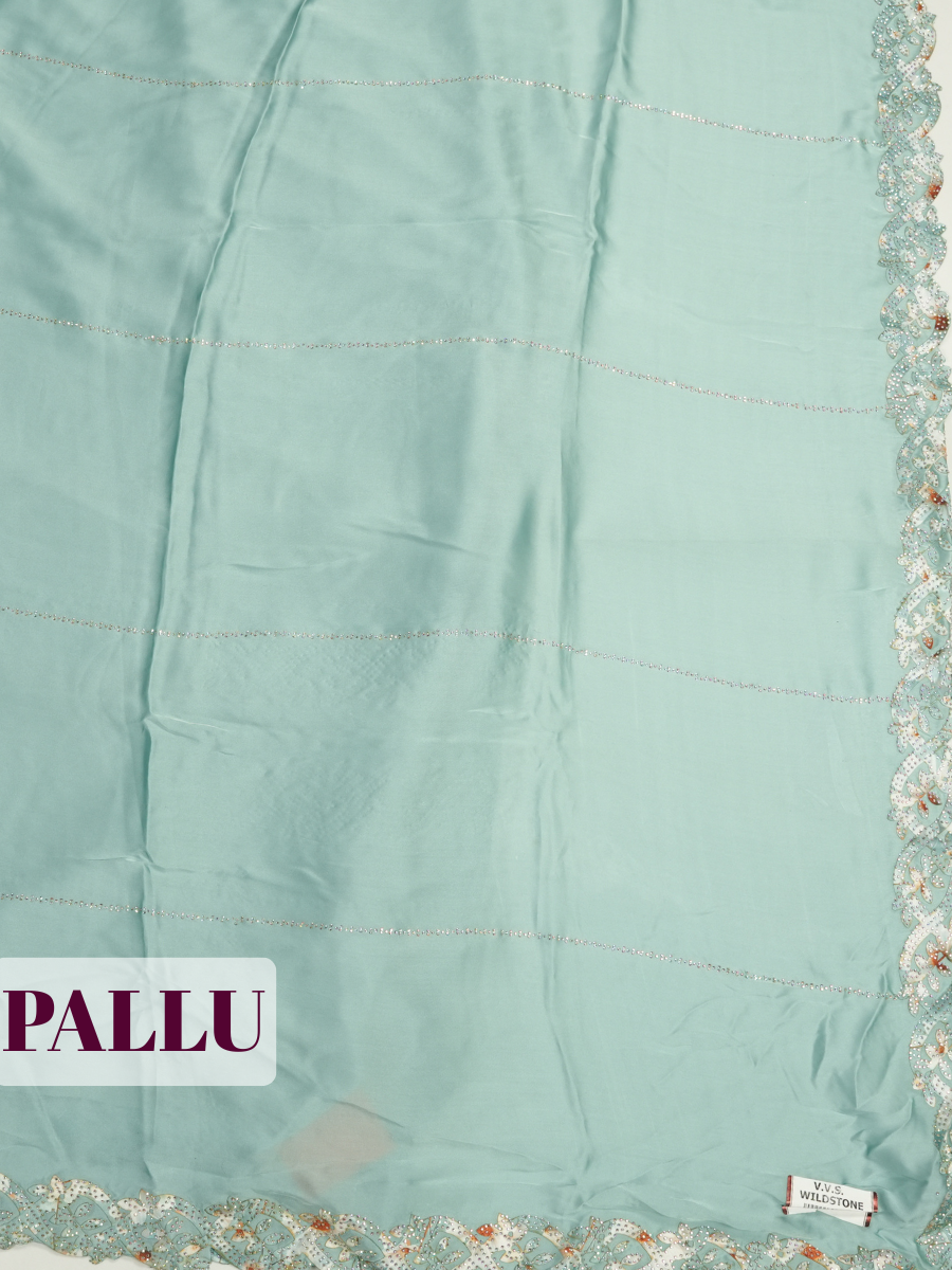 Sea Green Satin Fancy Saree with Stone-Studded Border Design