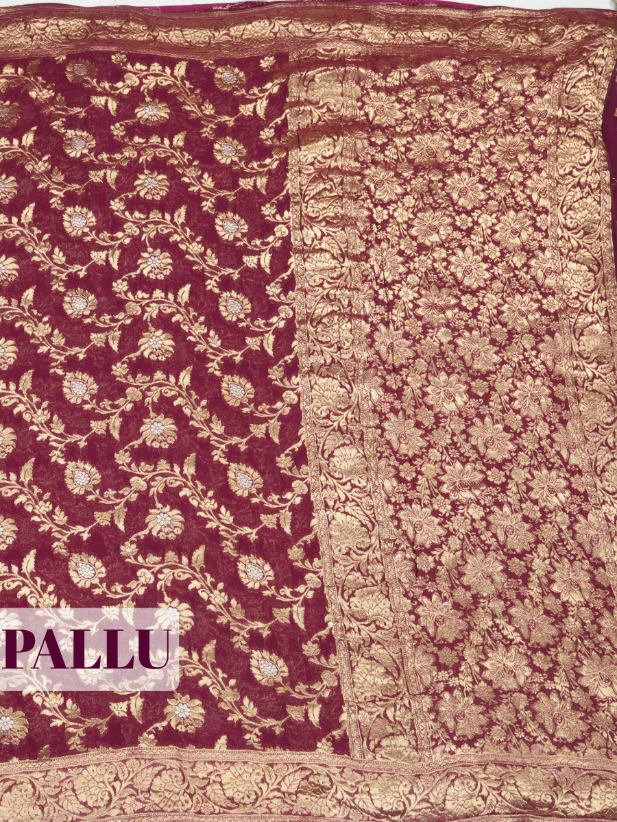Burgundy Fancy Georgette Saree with Traditional Woven Zari Leaf Border
