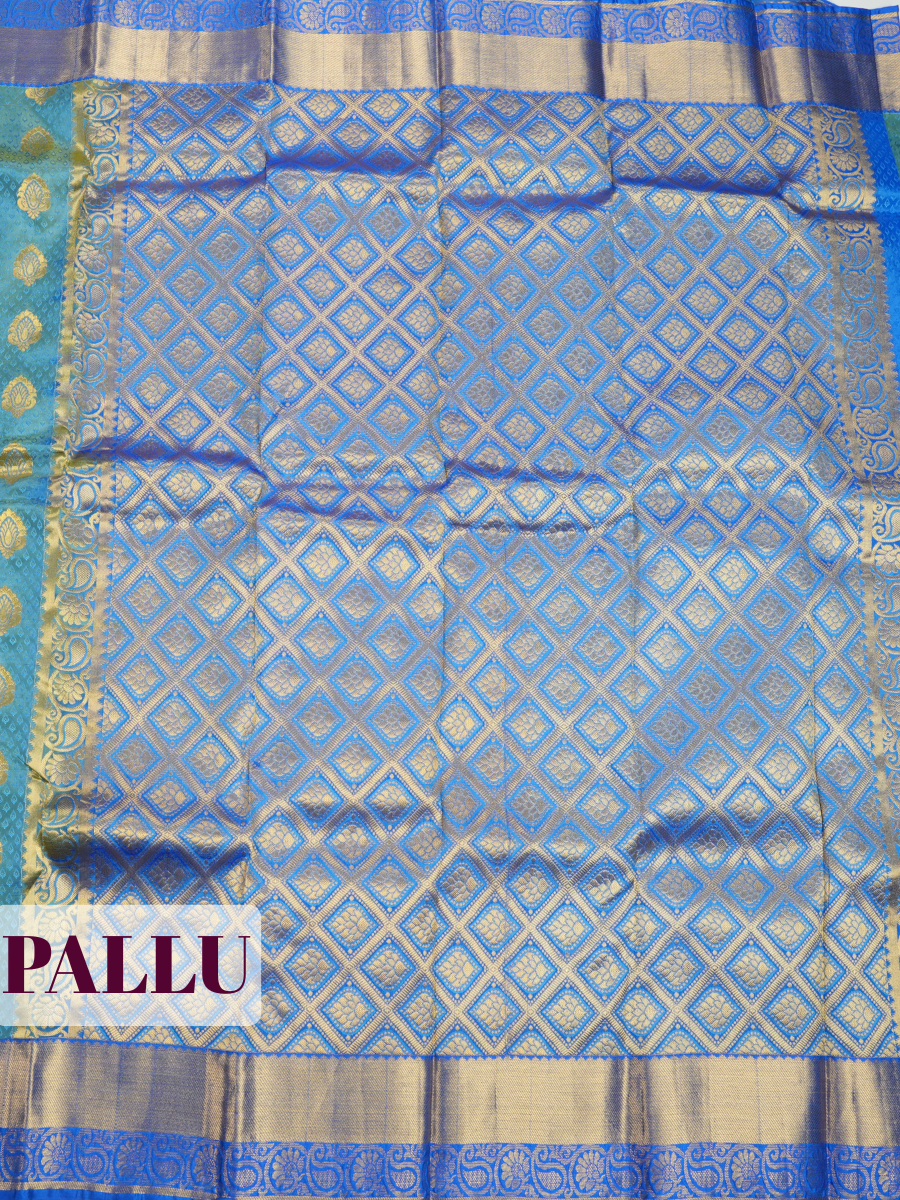 Blue Arni Kanchipuram Silk Saree with Geometric Buttas with Paisley Floral Border