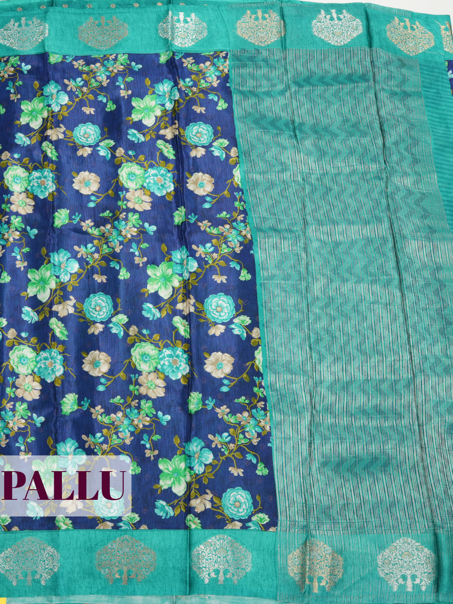 Ink Blue Tissue Crepe Fancy Saree with Floral Print with Golden Butti Motifs