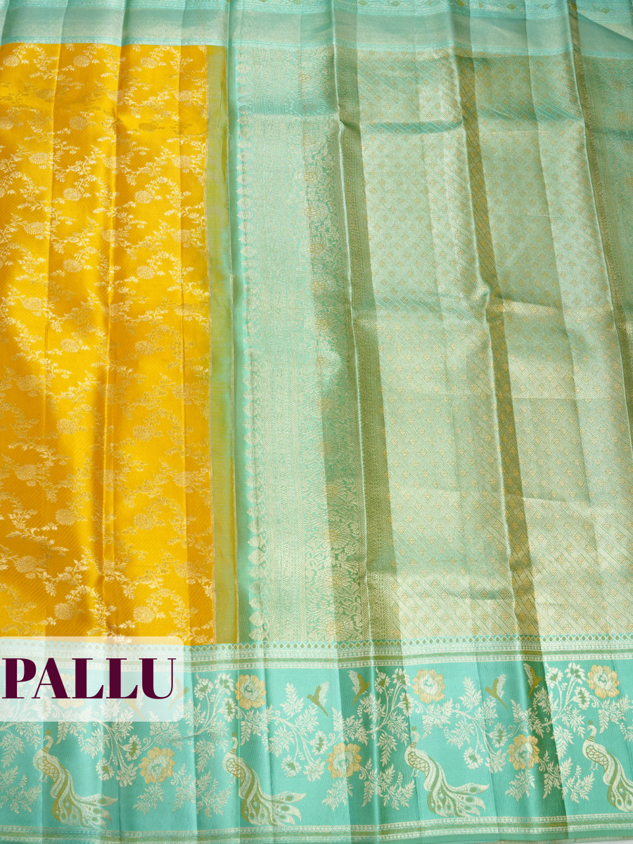 Mustard Yellow Kanchipuram Silk Saree with Peacock and Floral Zari Border