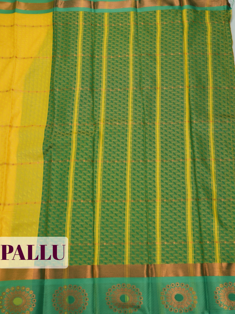 Golden Yellow Bangalore Silk Saree with Emerald Green Floral Pallu