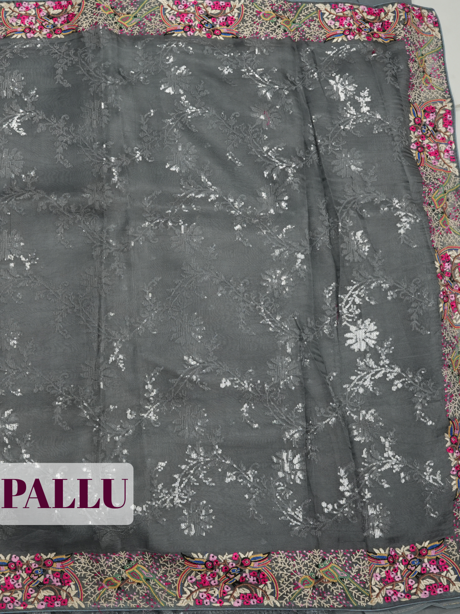 Grey Organza Saree with Kashmiri Floral Embroidered Border