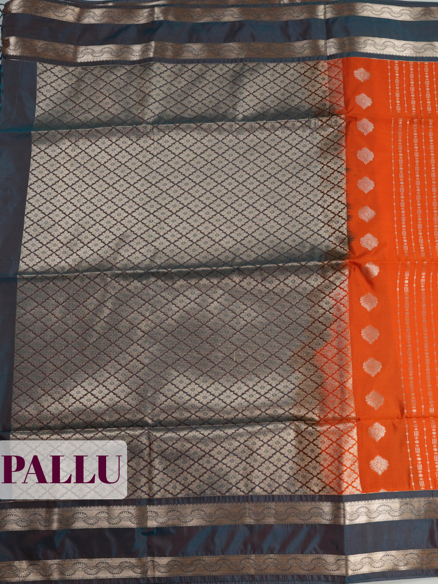 Orange Semi Silk Saree with Medium-Width Contrast Zari Wave Border