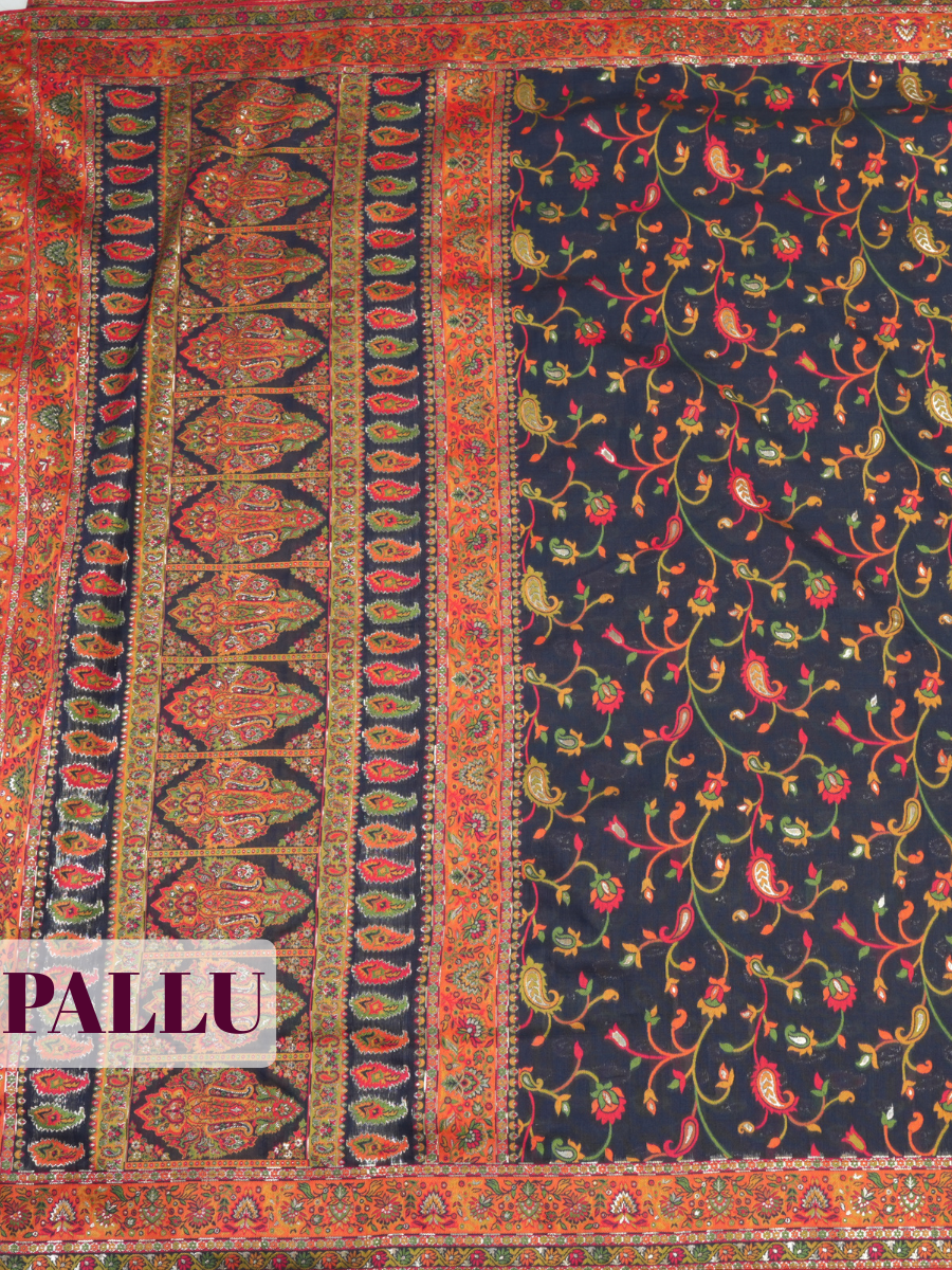 Midnight Blue Tussar Silk Saree with Kashmiri Kani Jacquard Butti Border