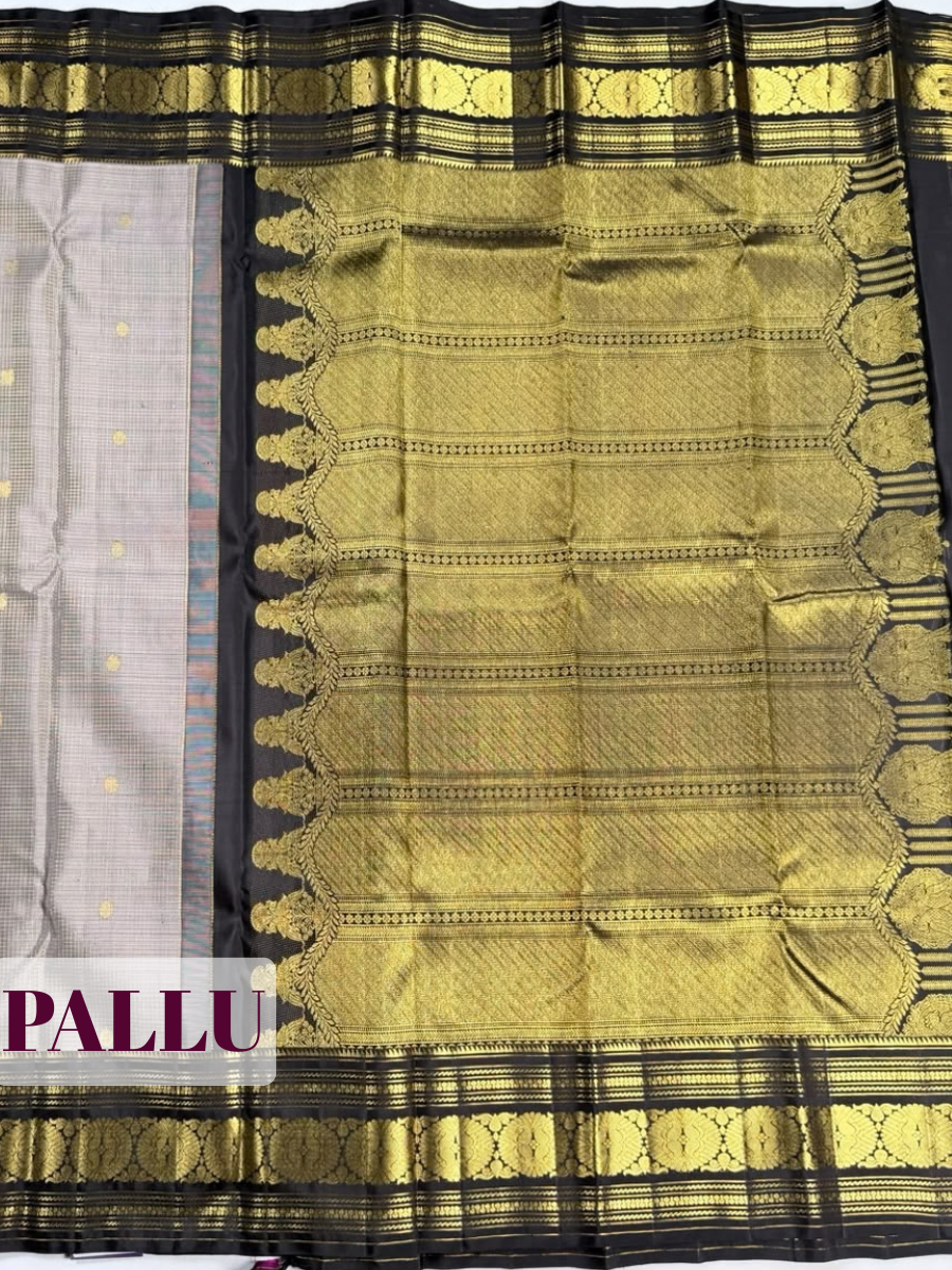 Grey Silk Saree with Black Floral Zari Border