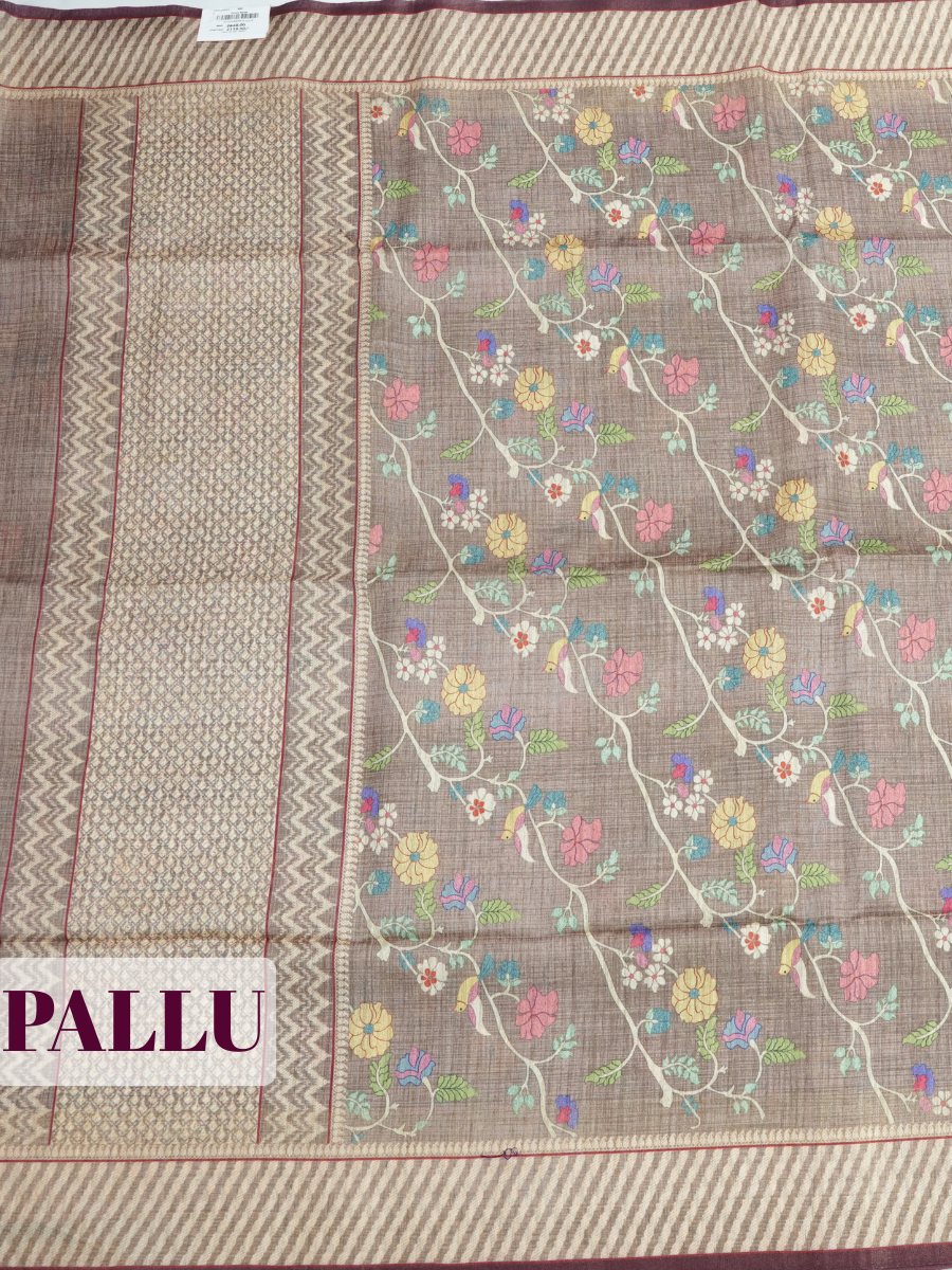 Mocha Brown Semi Tussar Saree with Traditional Kalamkari floral with stripe