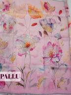 Baby Pink Organza Saree with Floral Print and Picot Trim