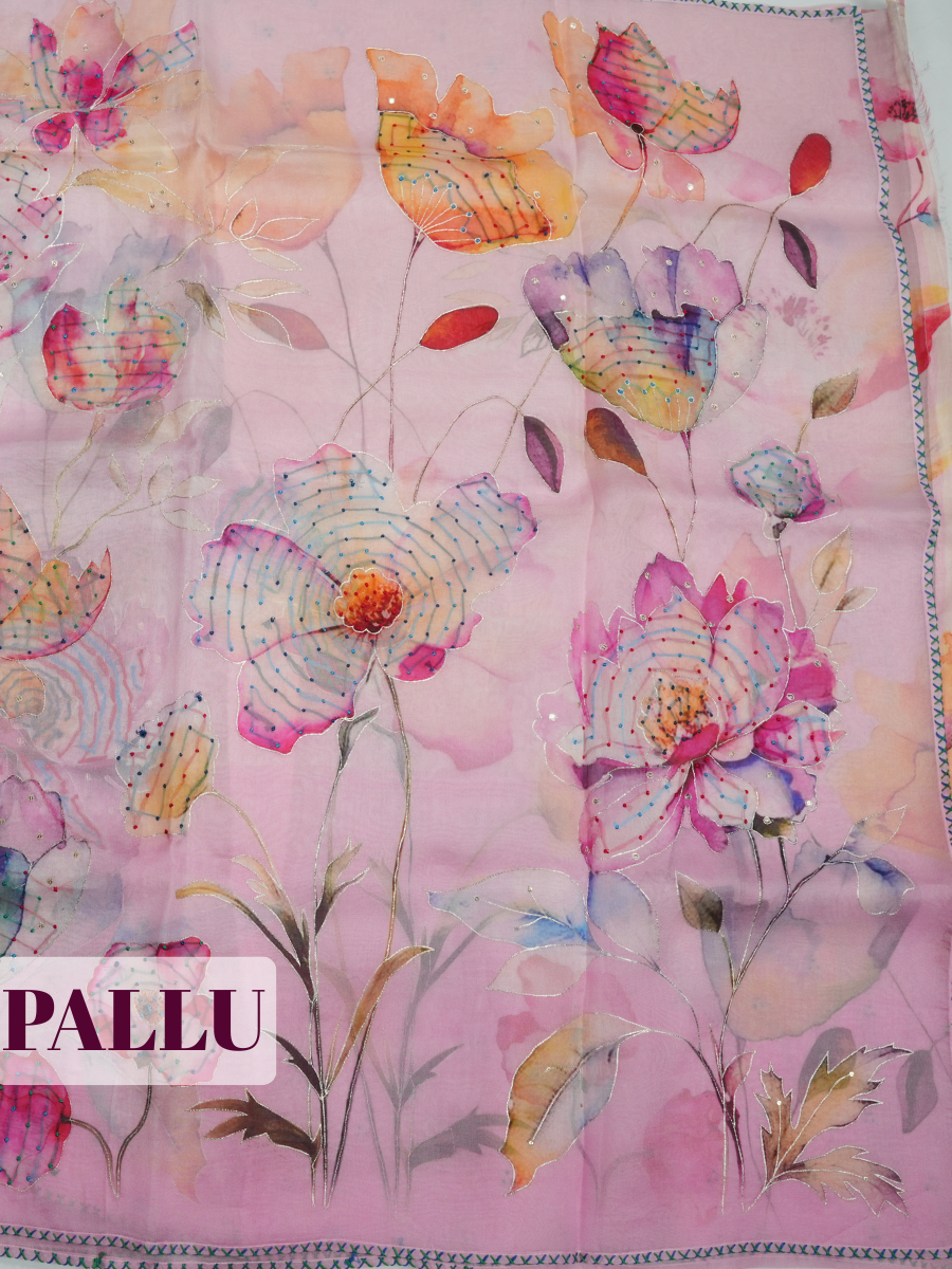 Baby Pink Organza Saree with Floral Print and Picot Trim