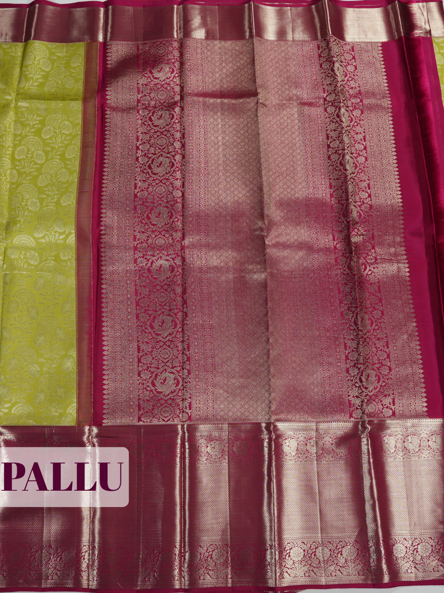 Parrot Green Kanchipuram Saree with Peacock Floral Zari Border