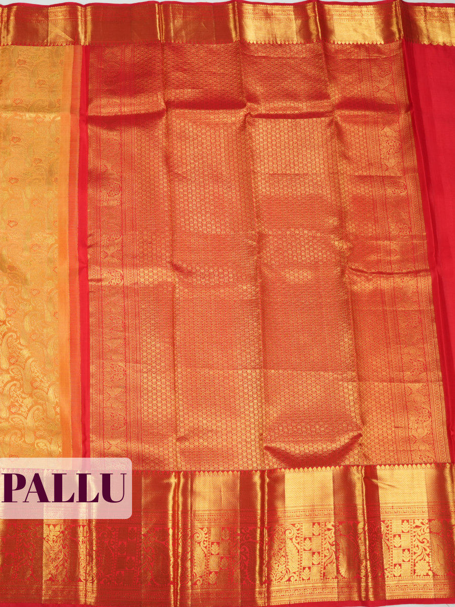 Yellow Kanchipuram Saree with Paisley and Floral Vine Zari Border