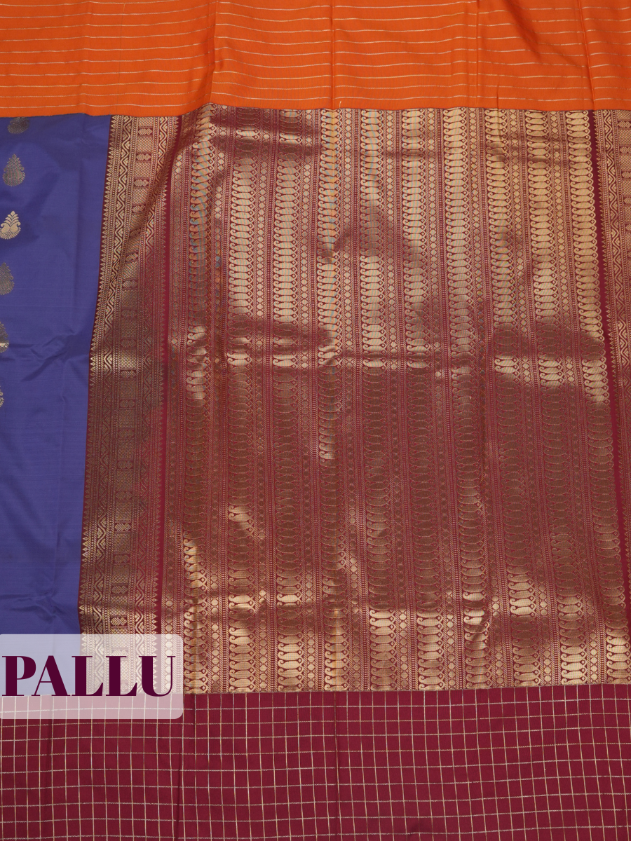 Royal Purple Bangalore Silk Saree with Maroon Checked Panel, Orange Contrast Border and Rich Gold Zari Pallu