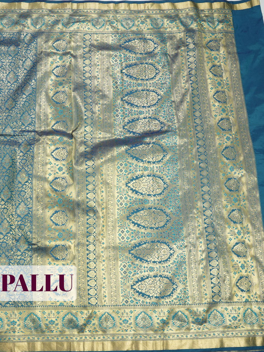 Dark Blue Semi Bridal Kanchipuram Silk Saree with Floral Vine Temple Zari Border
