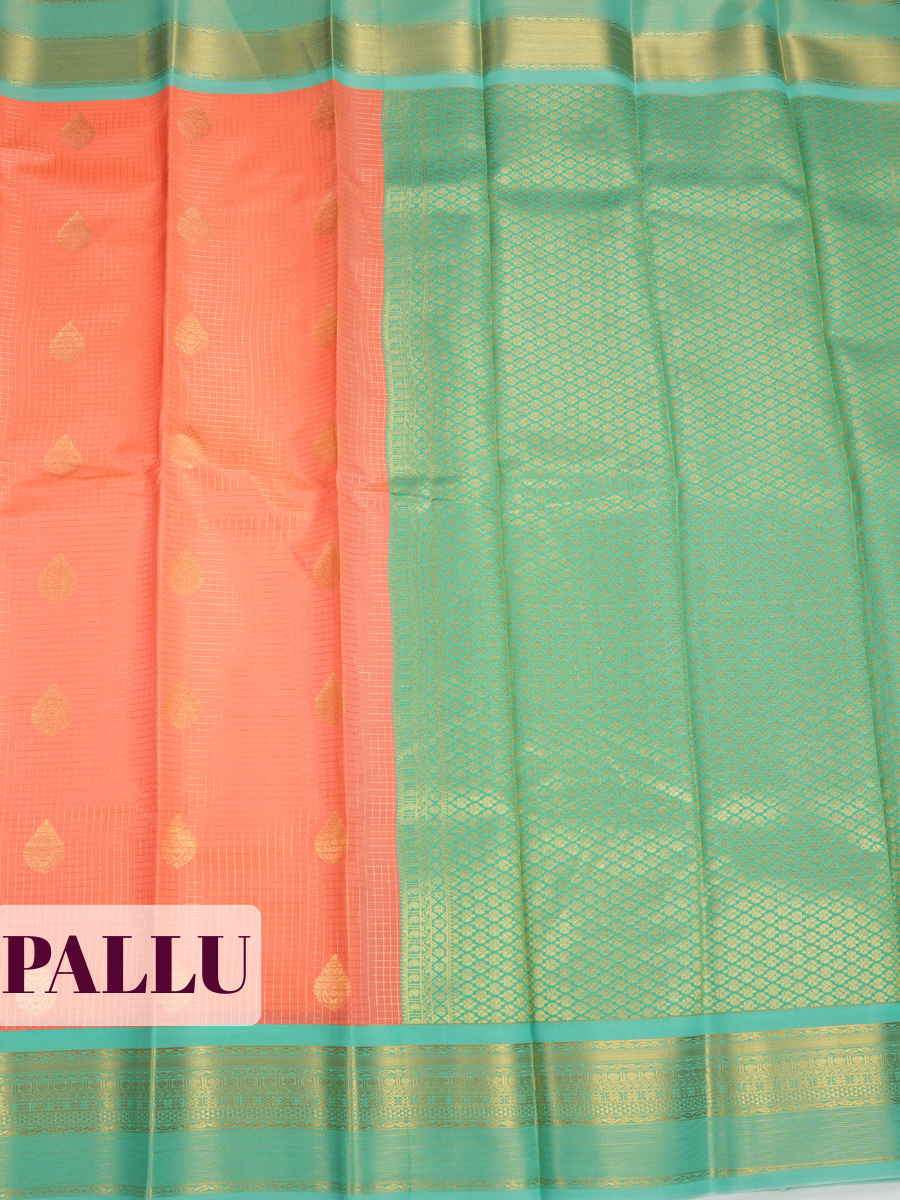 Coral Pink Bangalore Semi Silk Saree with Geometric Panel Border