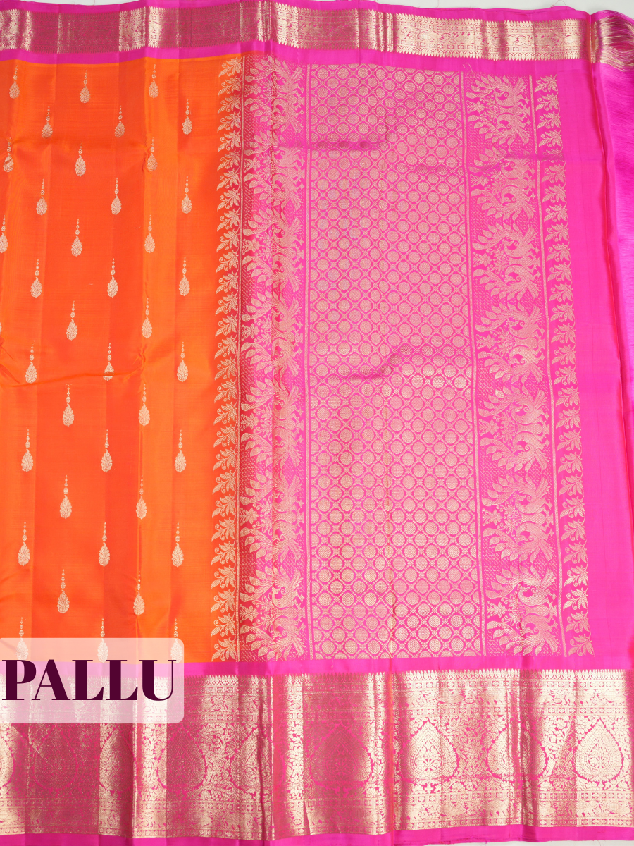 Orange Pure Kanchipuram Saree with Broad Paisley Floral Zari Border