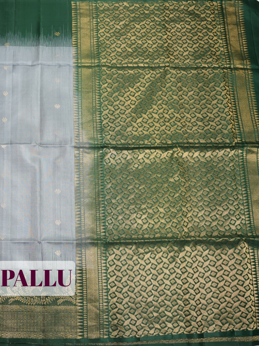 grey Pure Silk Saree with Floral Vine Temple Zari Border
