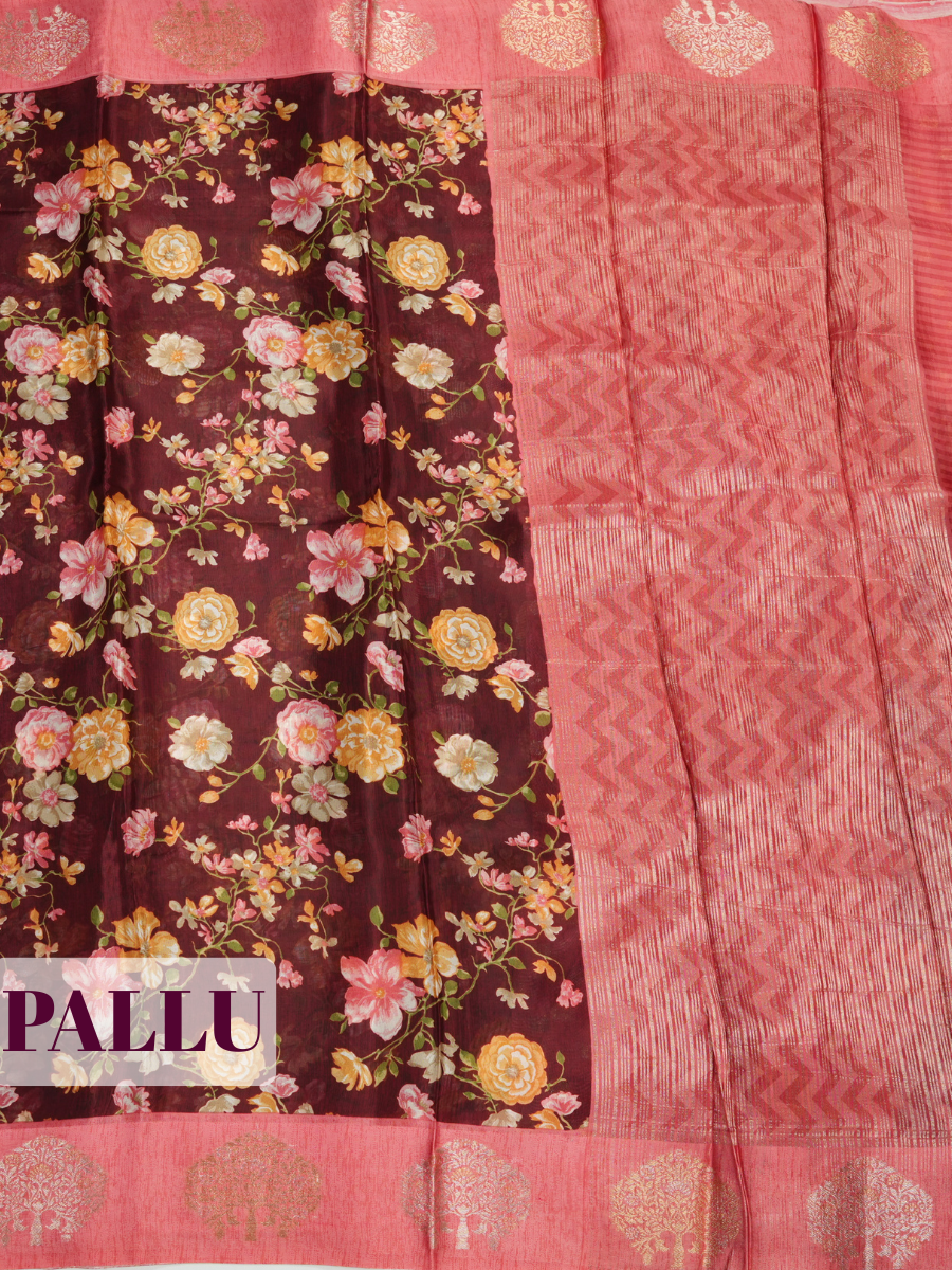 Maroon Tissue Crepe Fancy Saree with Multicolour Floral and Leaf Print