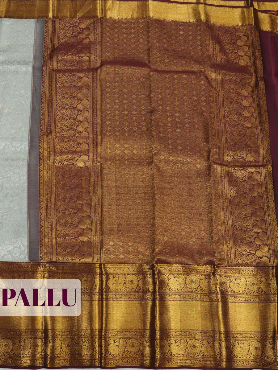 Silver Blue Kanchipuram Saree with Peacock and Floral Medallion Zari Border