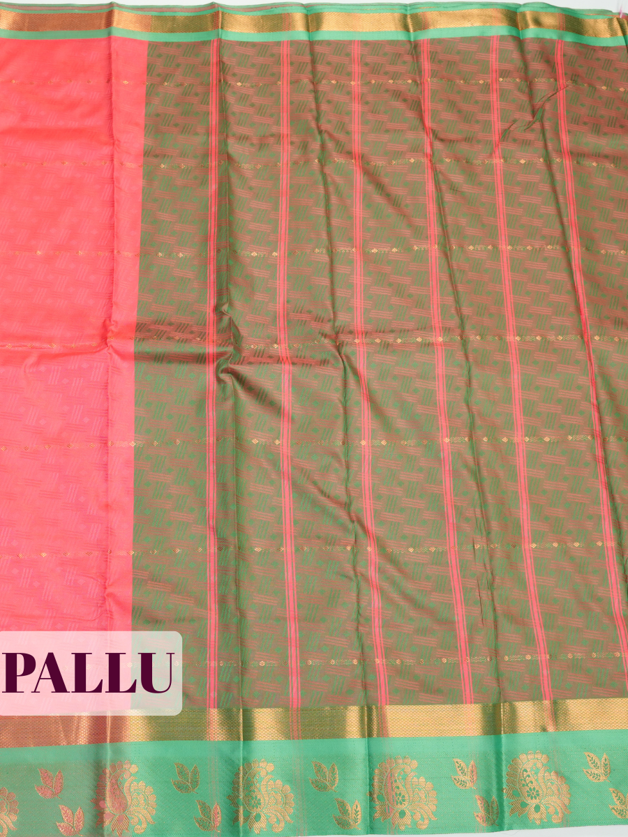 Coral Pink Bangalore Semi Silk Saree with Leaf Motif Zari Border