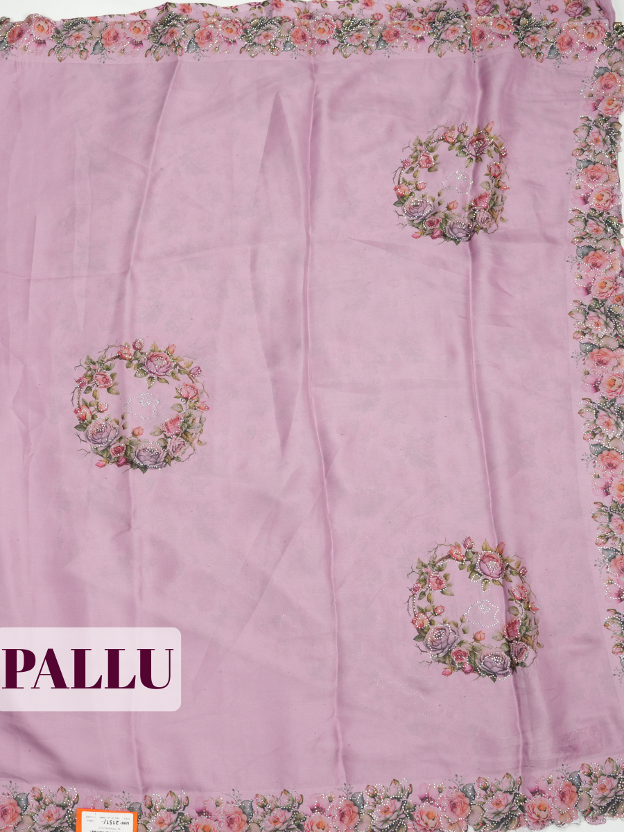 Purple Satin Fancy Saree with Floral Bouquet and Rose Print
