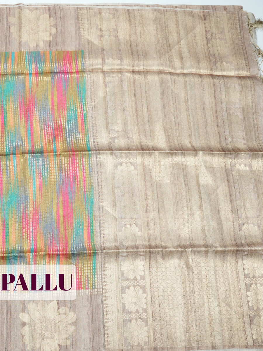 Multi color Semi Tussar Saree with Wide solid woven panel zari with flower