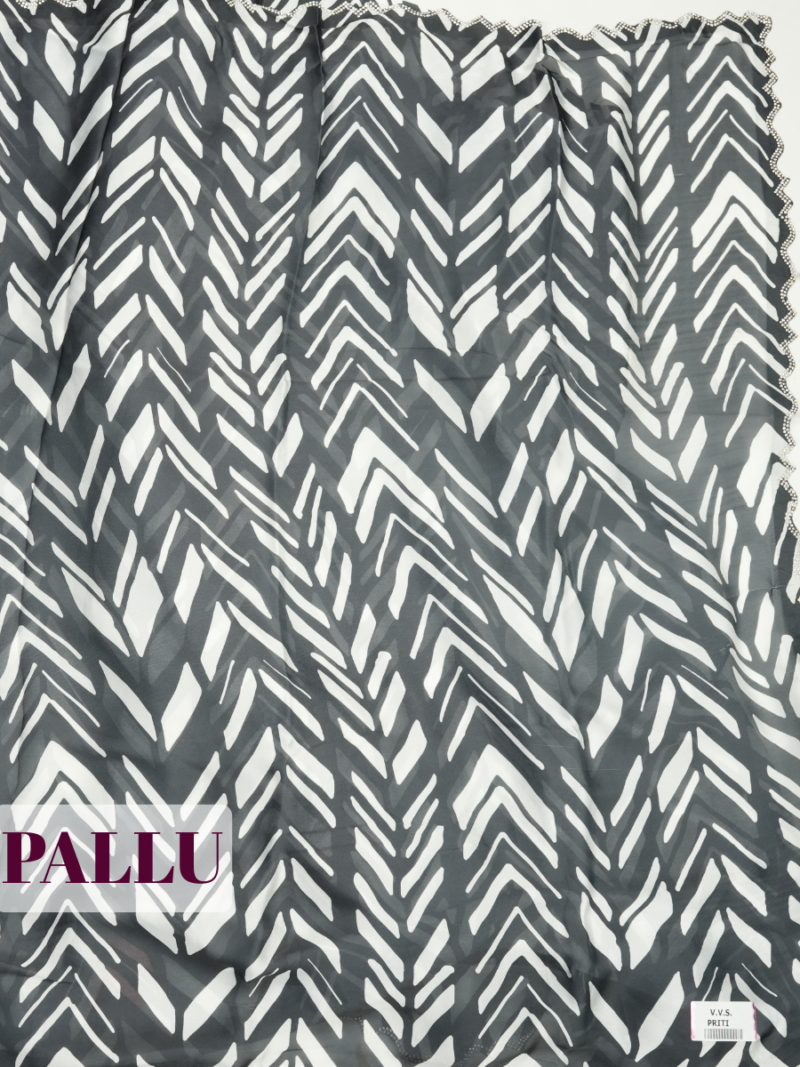 Black Satin Fancy Saree with Abstract Zebra and Wave Stripe Print