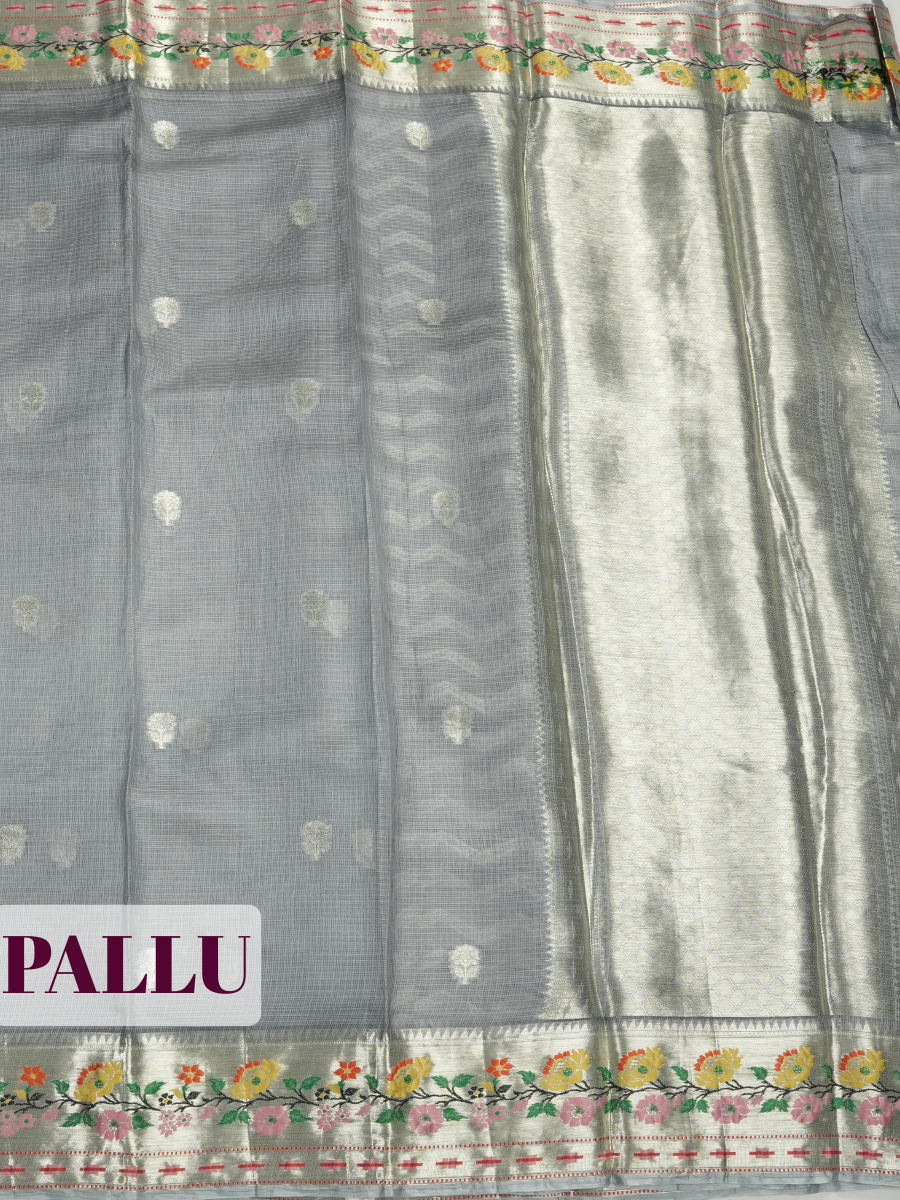 Grey Kota Zari Saree with Floral Meenakari Leaf Border
