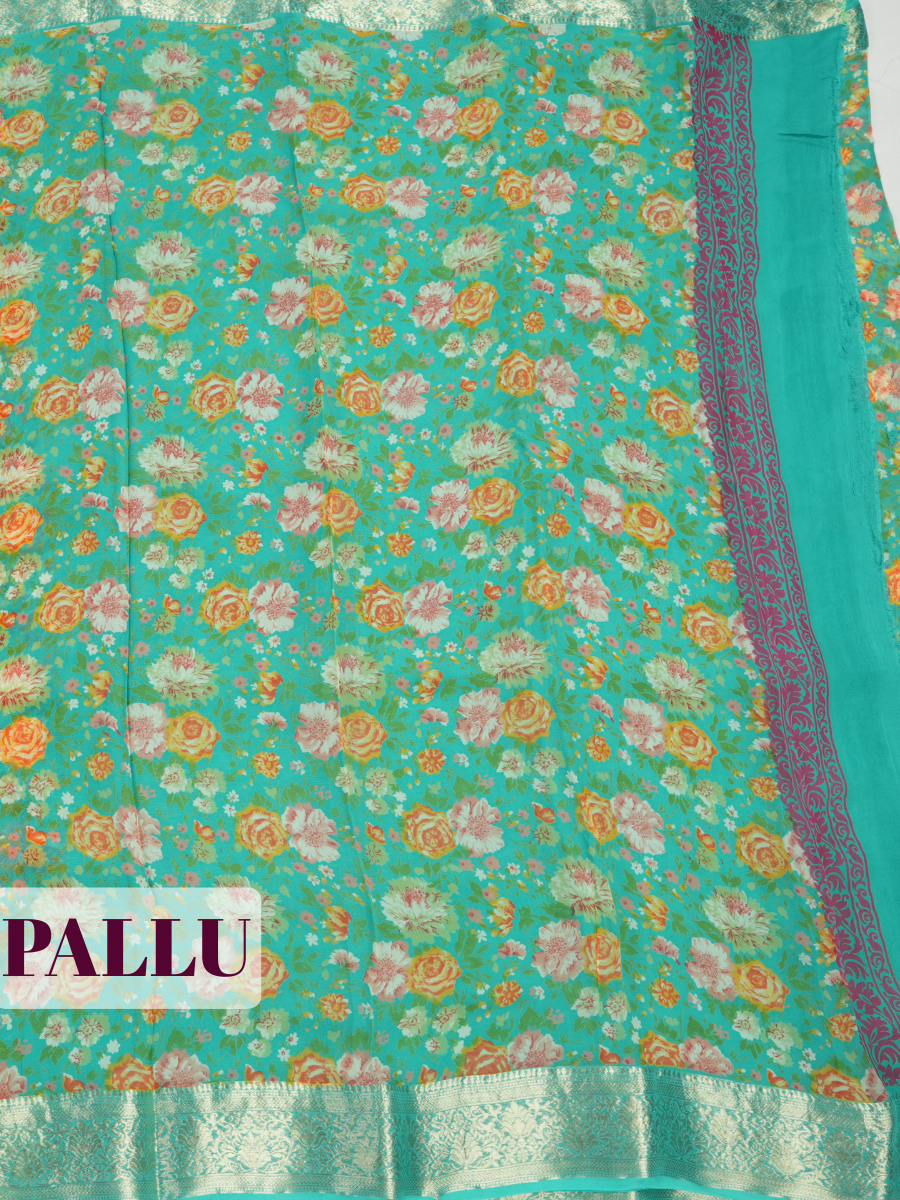 Green Semi Chiffon Saree with Floral Border Design