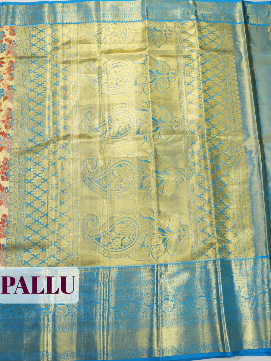Beige Gold Pure Kanjivaram Tissue Saree with Anarkali Tissue Border with Floral Butta