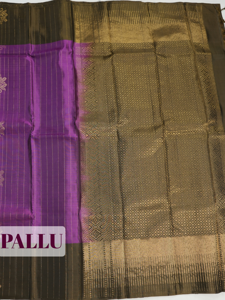 Purple Pure Kanchipuram Saree with Broad Floral Leaf Zari Border