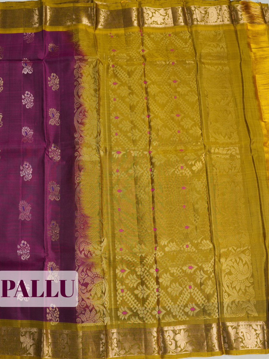 Purple Pure Kanchipuram Saree with Broad Floral Leaf Vine Zari Border