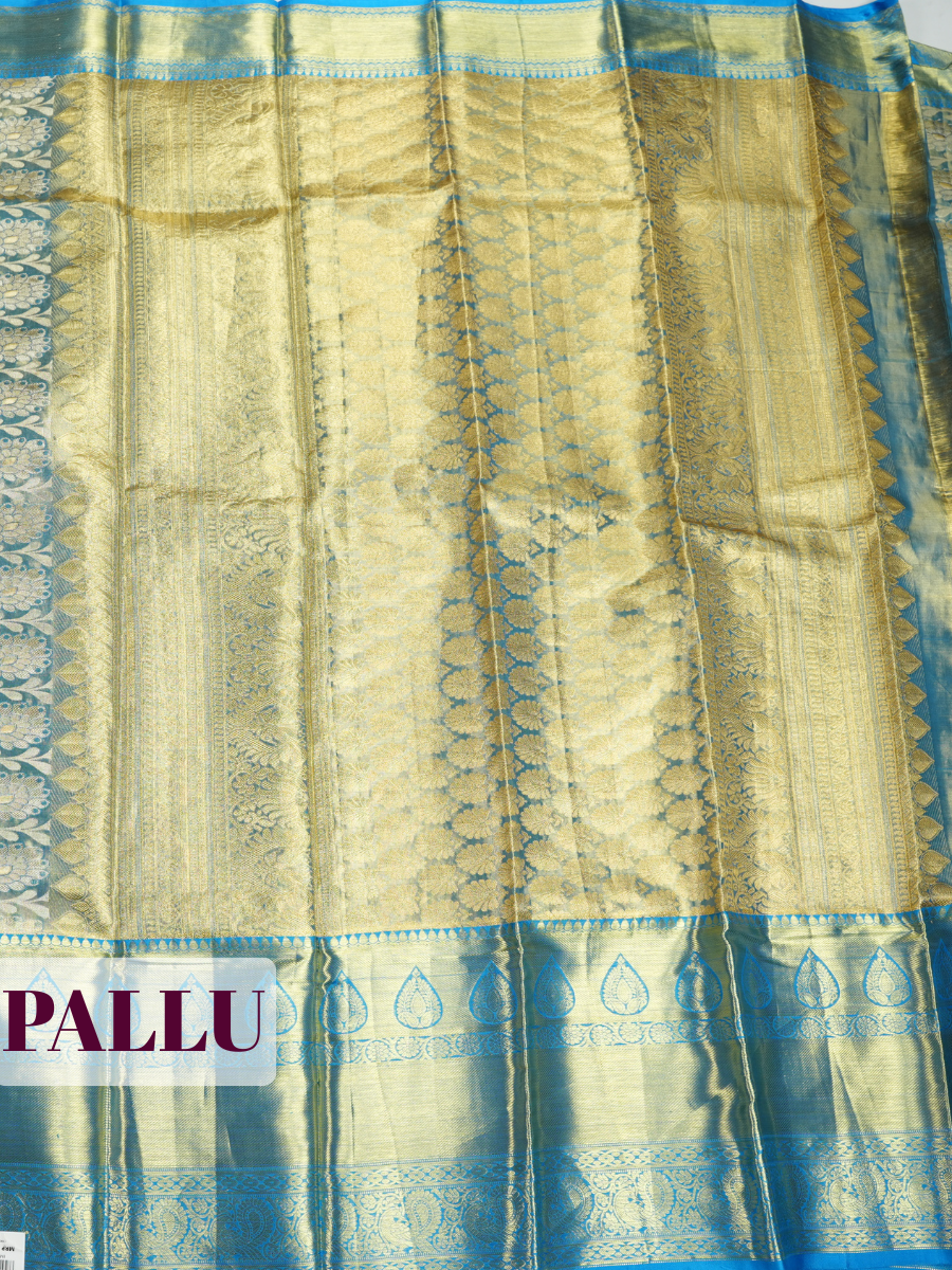 Blue Pure Kanchipuram Tissue silk Saree with Floral Geometric Zari Border