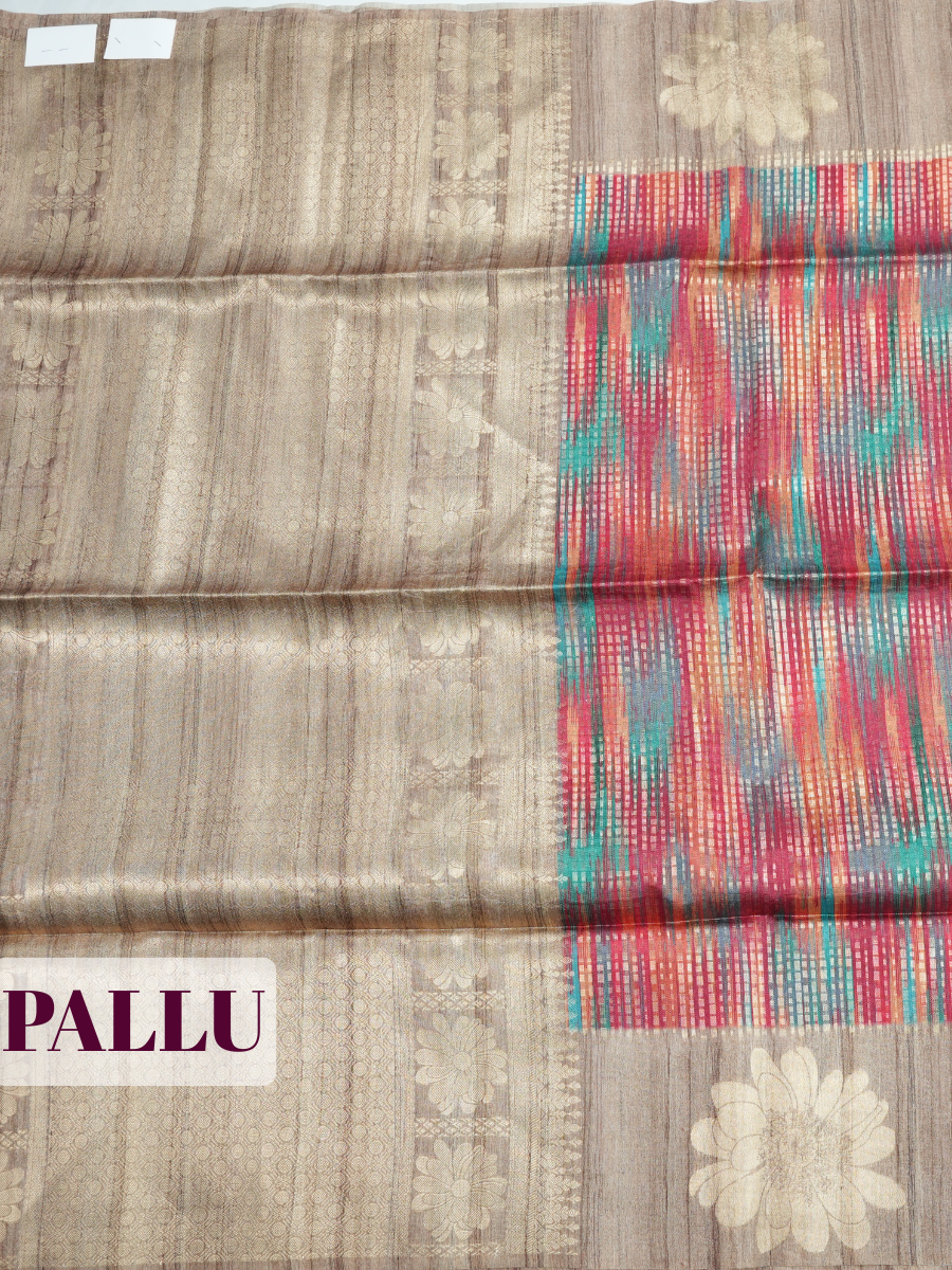 Multi color Semi Tussar Saree with Muted Taupe Floral Zari