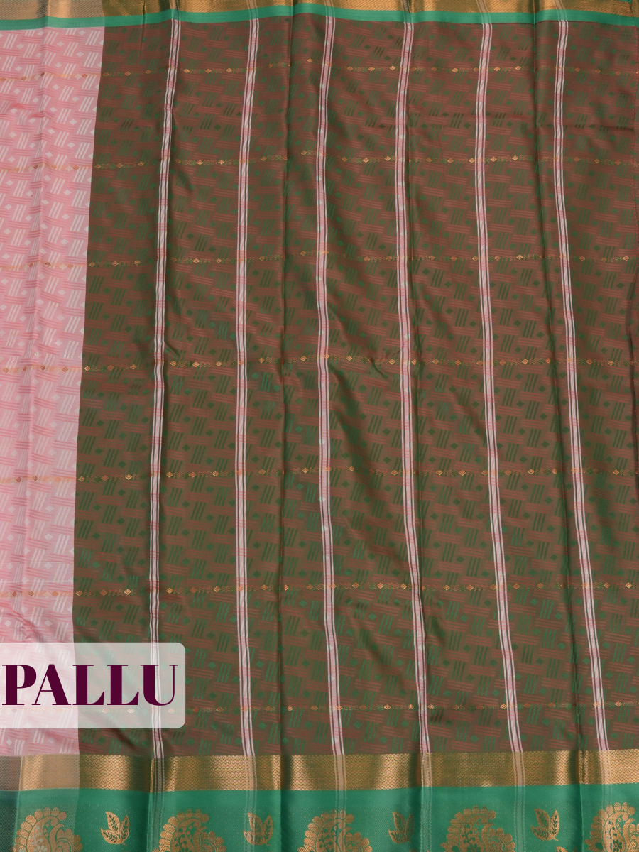 Soft Pink Silk Saree with Intricate Geometric Woven Texture and Ornate Floral Zari Detailing
