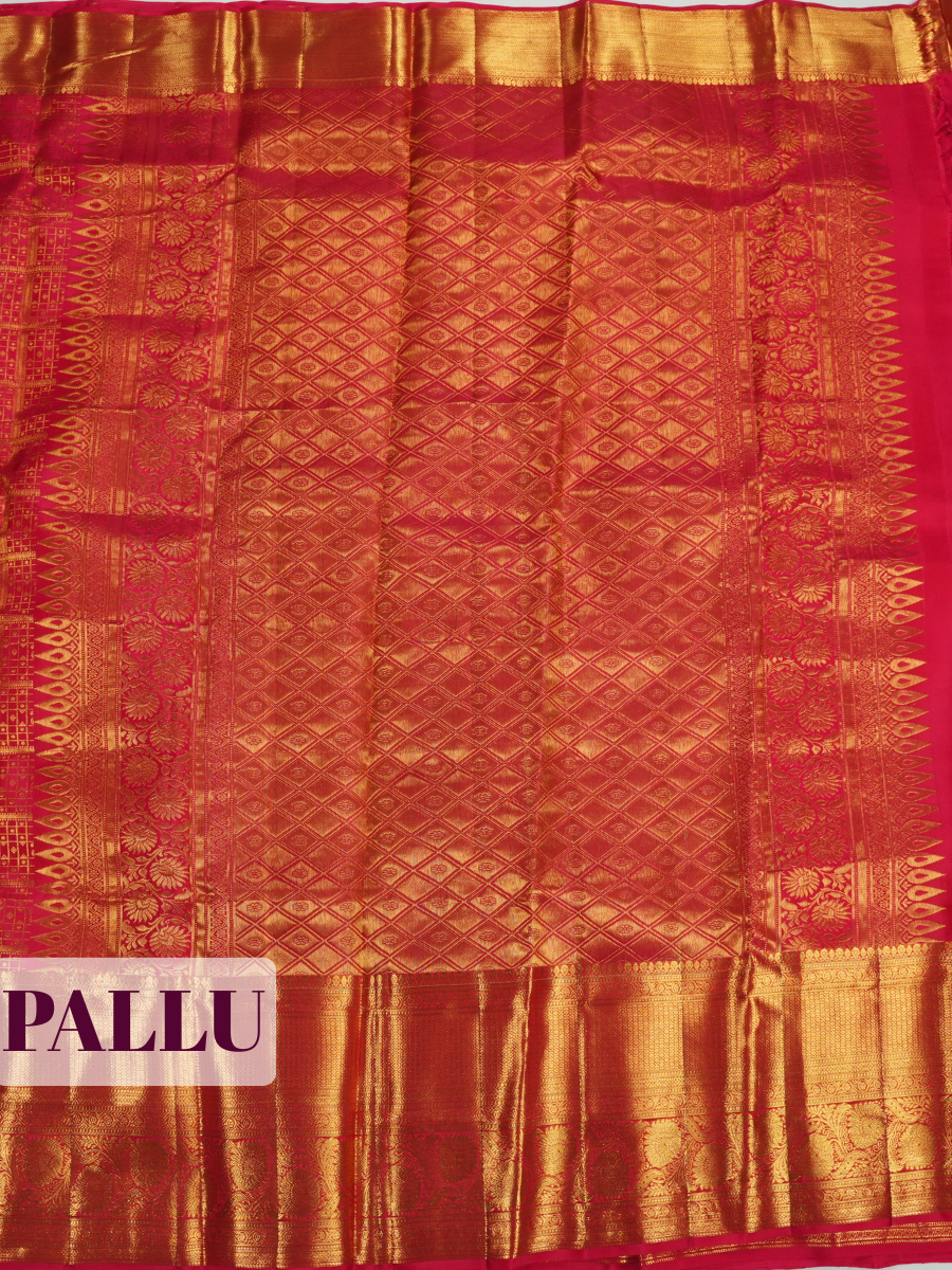 Red Kanchipuram Saree with Peacock and Geometric Zari Border