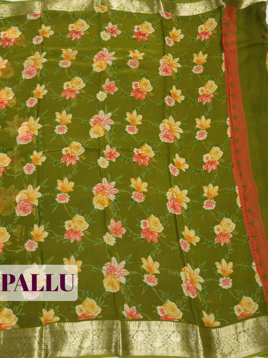 Mehendi Green Semi Chiffon Saree with Traditional Floral Border