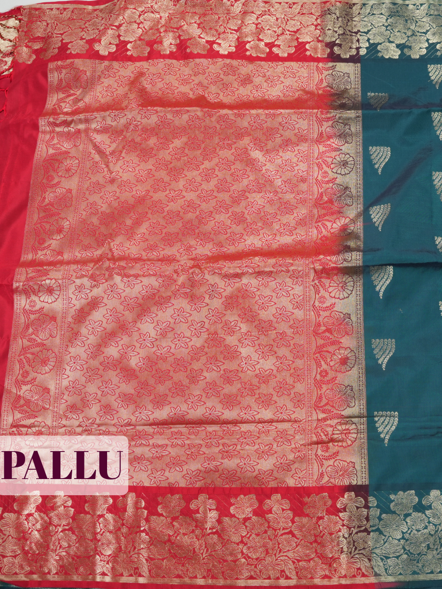 Peacock Blue Semi Soft Silk Saree with Floral Zari Border
