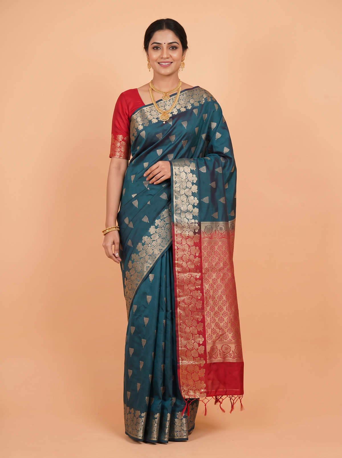 Peacock Blue Semi Soft Silk Saree with Floral Zari Border