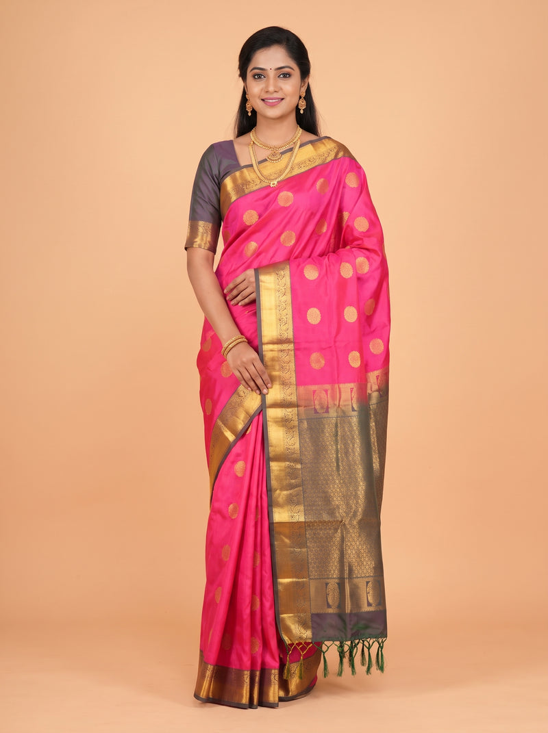 Pink Semi Soft Silk Saree with Leaf Paisley Zari Border