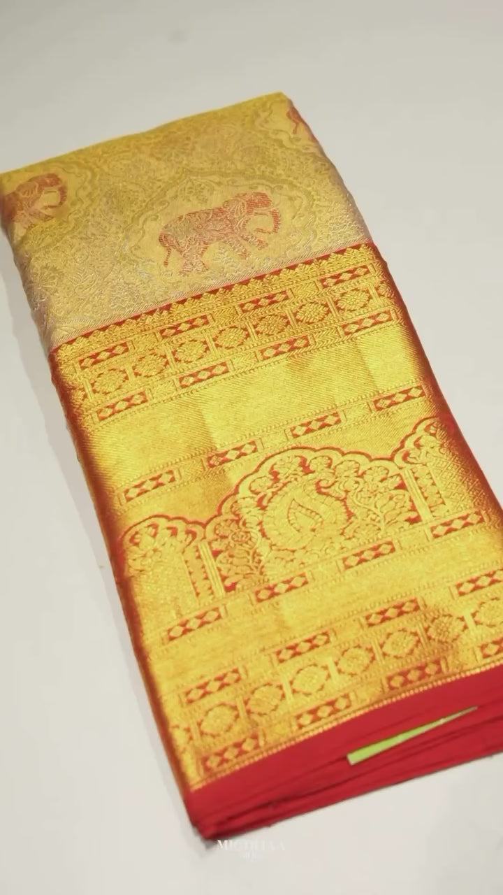 Cream Gold Zari Woven Kanjivaram Silk Saree with Red Border