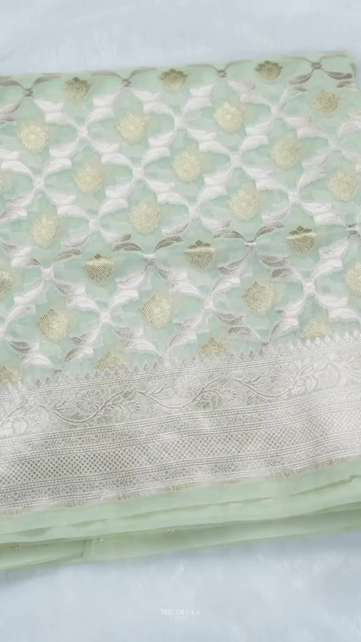Pista Green Organza Saree with Floral Jaal Zari Border