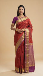 Rust Orange Kanjeevaram Silk Saree with Magenta Zari Border