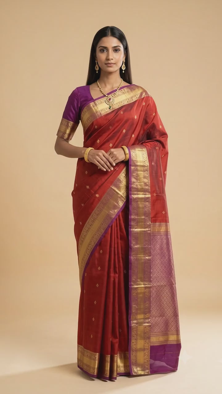 Rust Orange Kanjeevaram Silk Saree with Magenta Zari Border