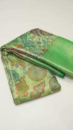 Light Green and Dark Green Multicolour Floral Zari Woven Semi Kanchivaram Silk Saree